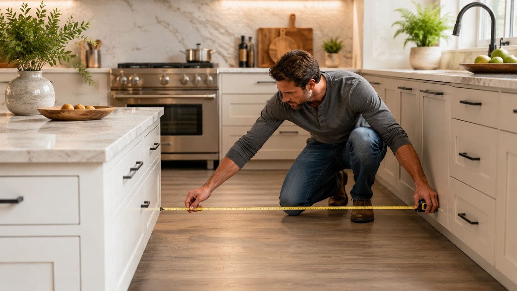 A man kneeling on a kitchen floor measuring the distance between the island and base cabinets.
