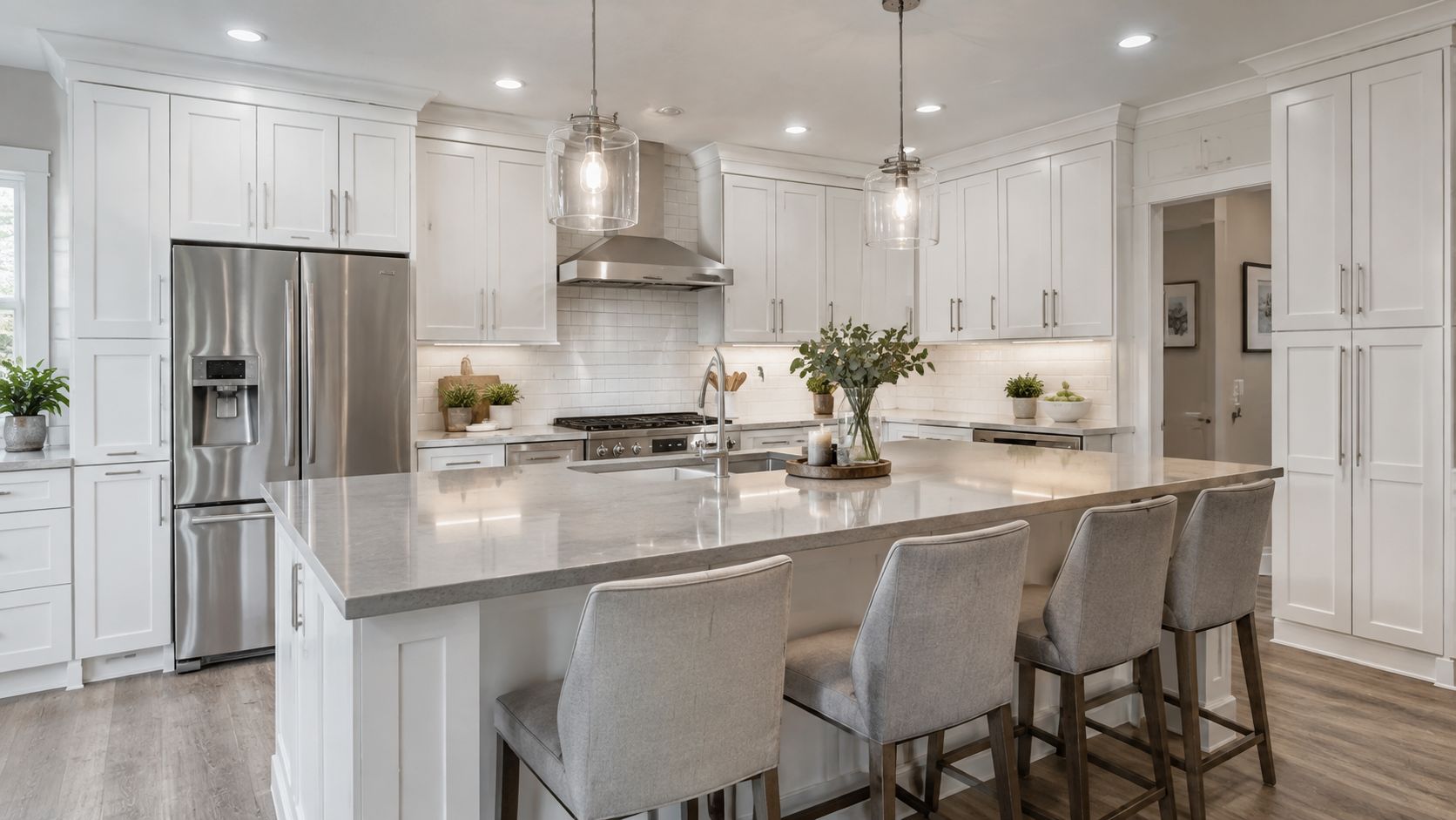 A modern kitchen featuring white cabinets, a large gray quartz countertop island, and three gray upholstered stools.