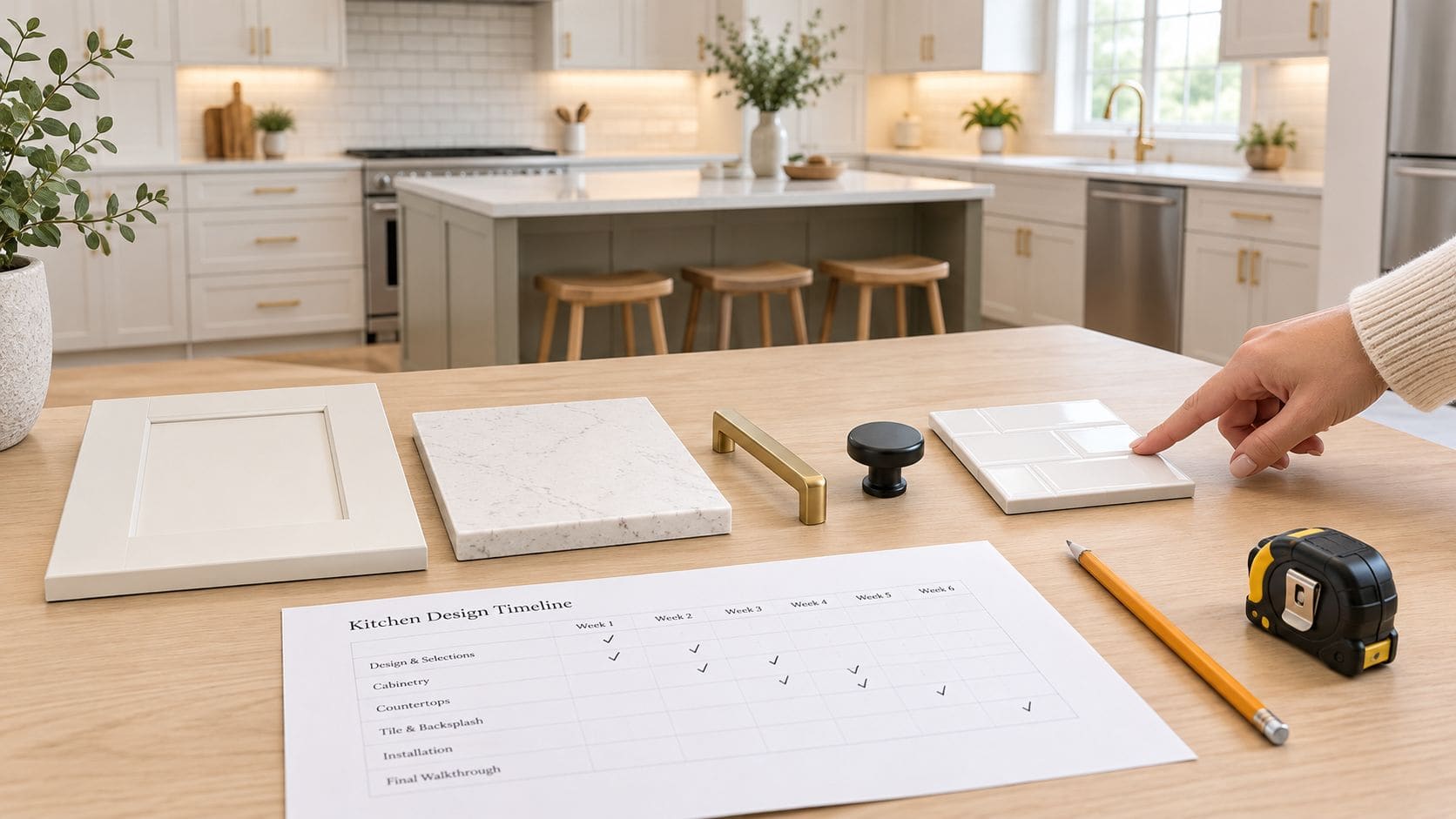 A person selecting materials for a kitchen remodel with samples and a planning schedule on a table.