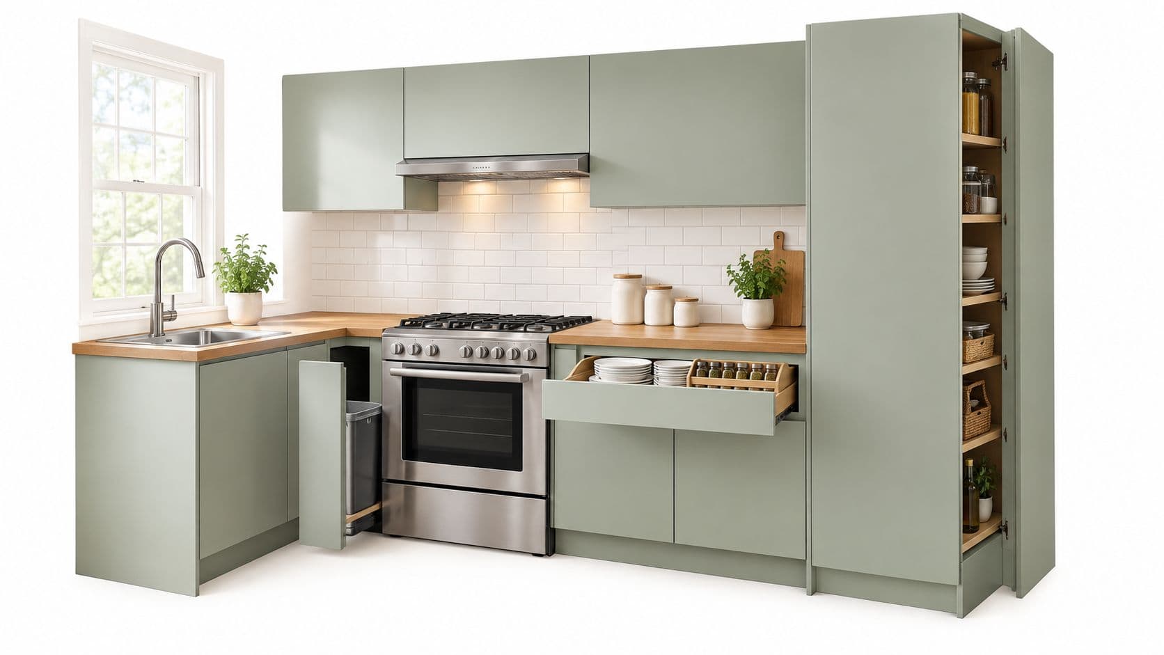 A sage green 10x10 kitchen cabinet set featuring a stainless steel stove, built-in pantry, and functional corner storage.