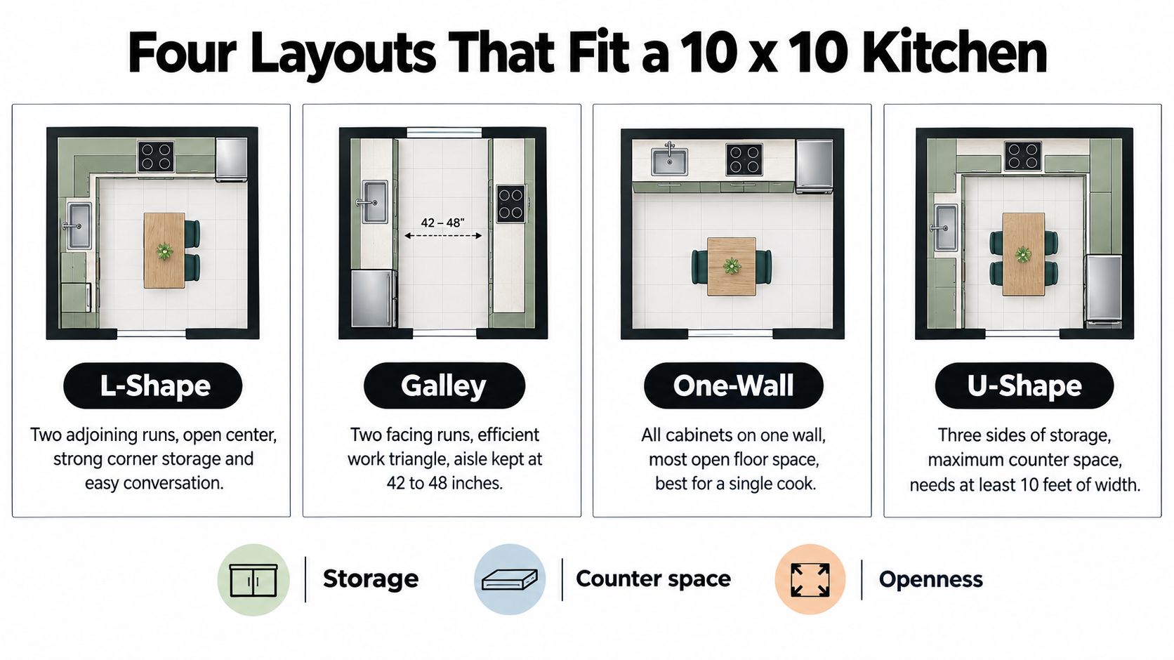 An infographic showing four common kitchen layouts, L-shape, galley, one-wall, and U-shape, suitable for a 10 by 10 space.