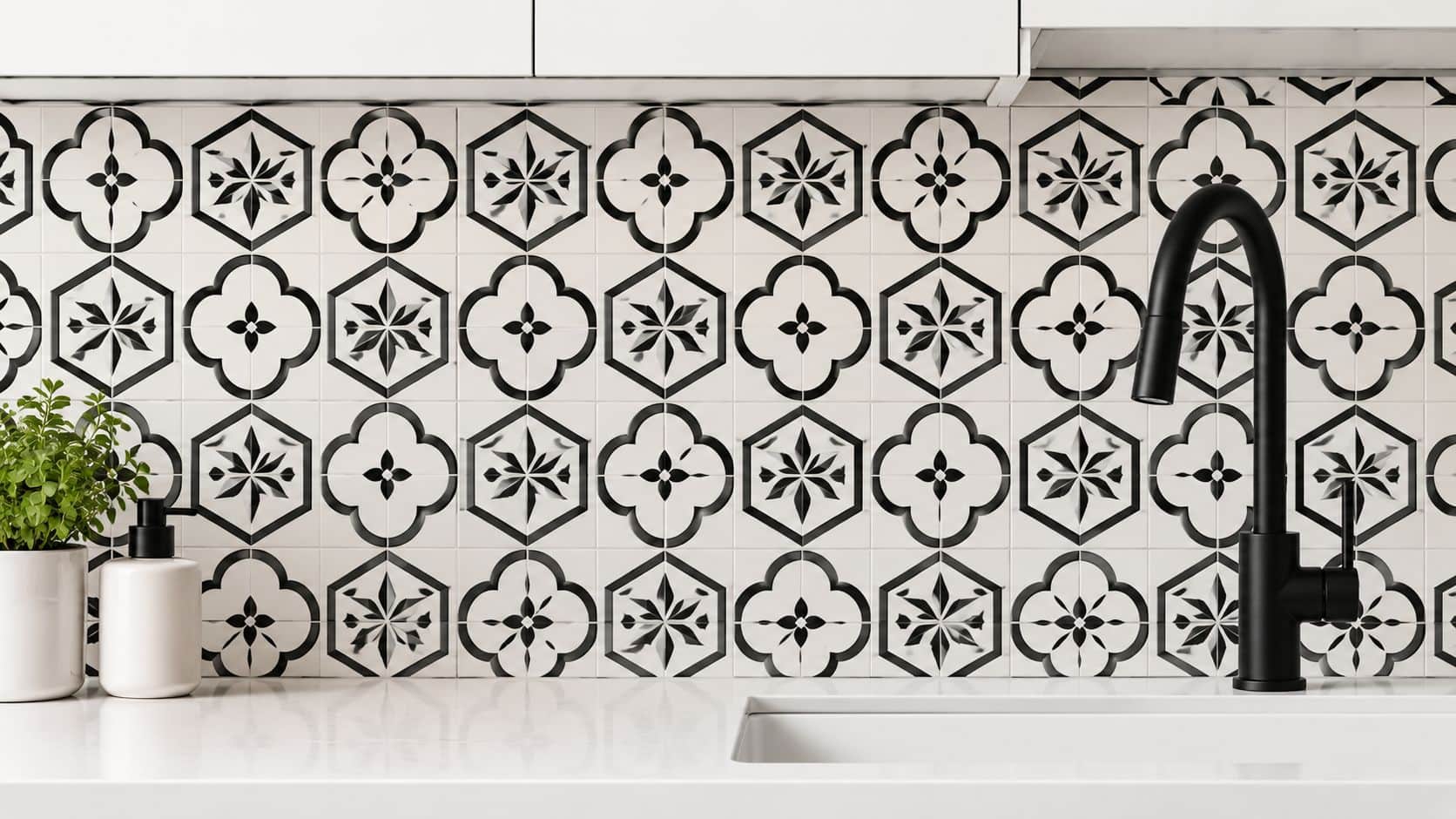 A modern kitchen backsplash featuring intricate black and white patterned tiles with a black faucet and plant.