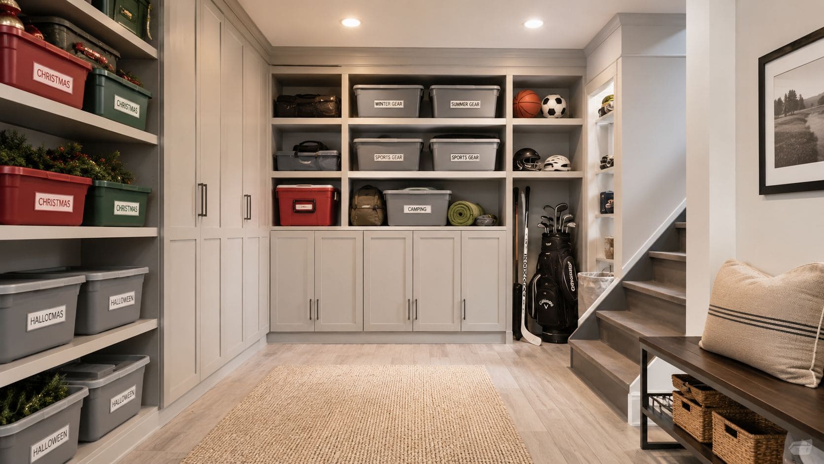 An organized basement storage area featuring labeled storage bins, shelving units, custom cabinetry, and a cozy bench.