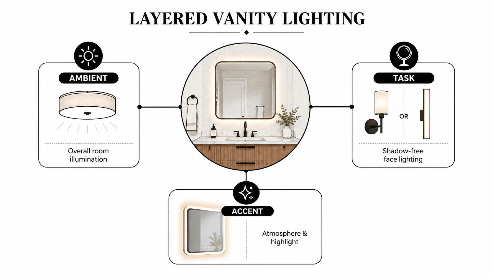 A diagram explaining three layers of bathroom vanity lighting: ambient, task, and accent lighting for design.