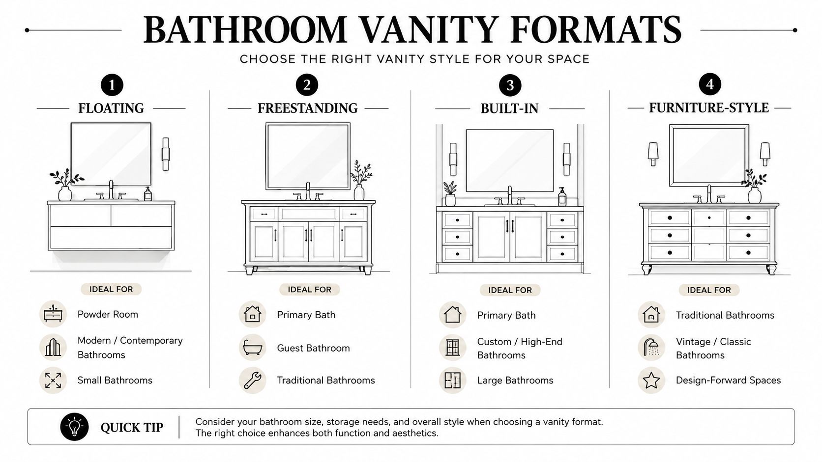 An infographic illustrating four different types of bathroom vanity designs, including floating, freestanding, built-in, and furniture-style options.