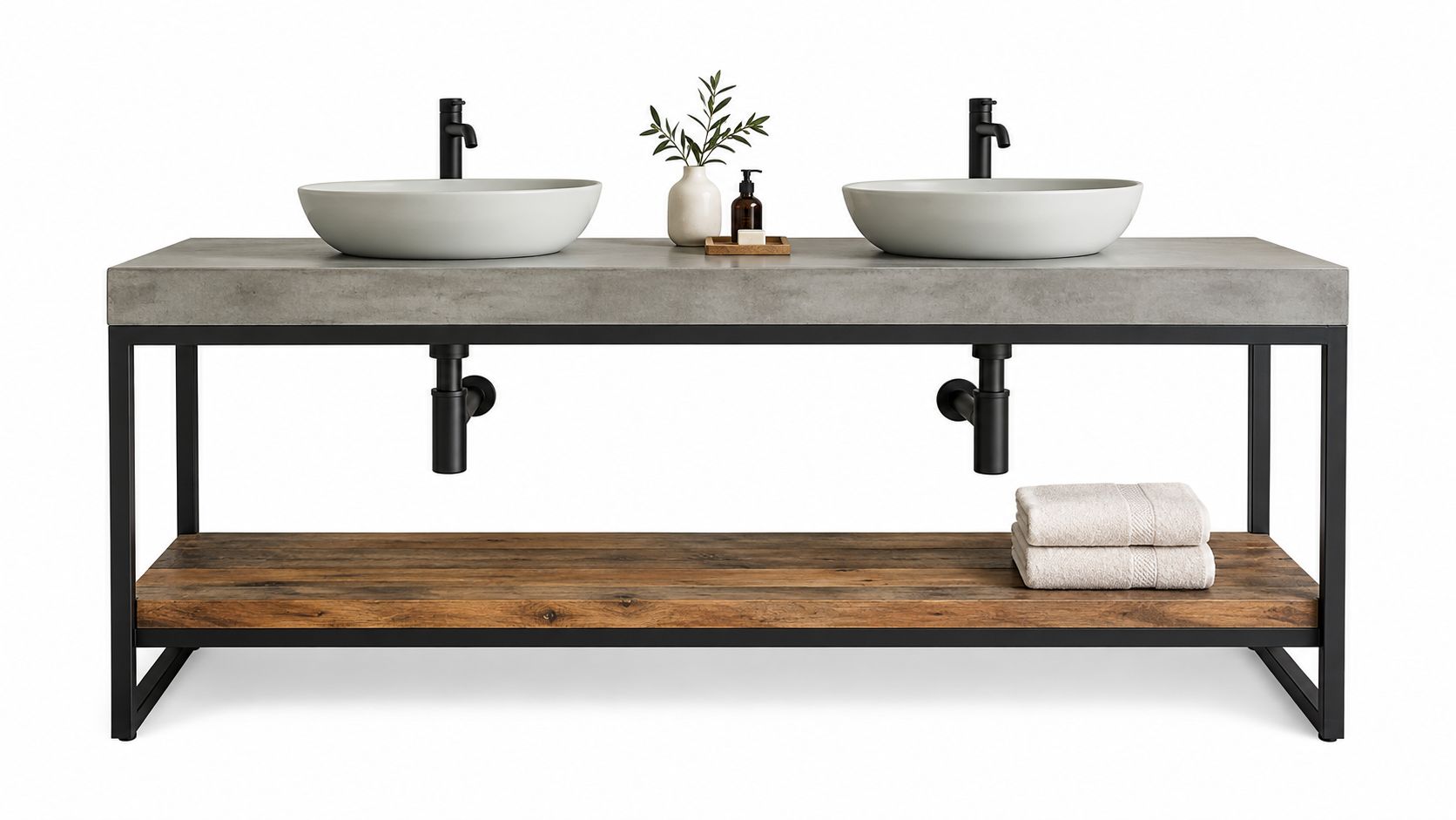 A modern double bathroom vanity featuring a concrete countertop, black faucets, and a rustic wooden storage shelf.