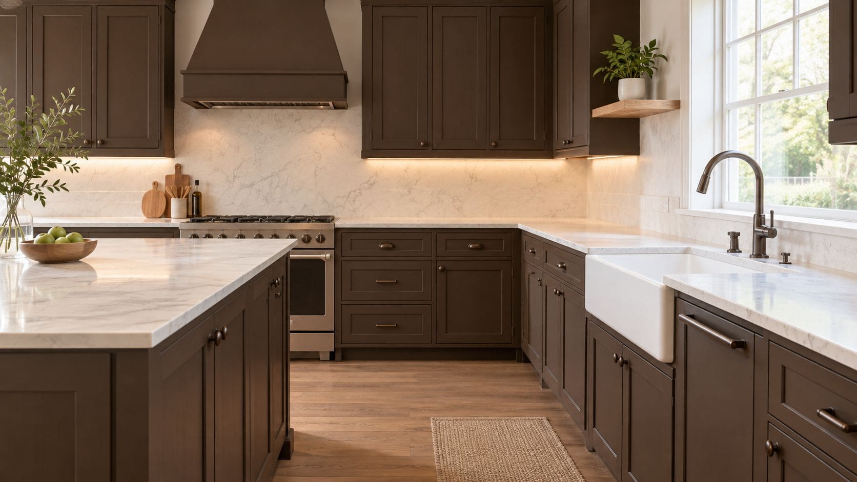 A modern kitchen interior featuring dark brown cabinets, a marble island, and a classic farmhouse apron sink.