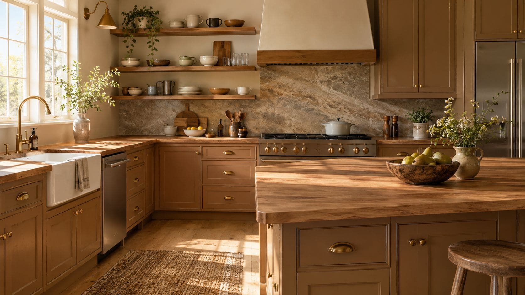 A warm and inviting kitchen design featuring rich brown cabinets, wooden countertops, open shelving, and natural sunlight.