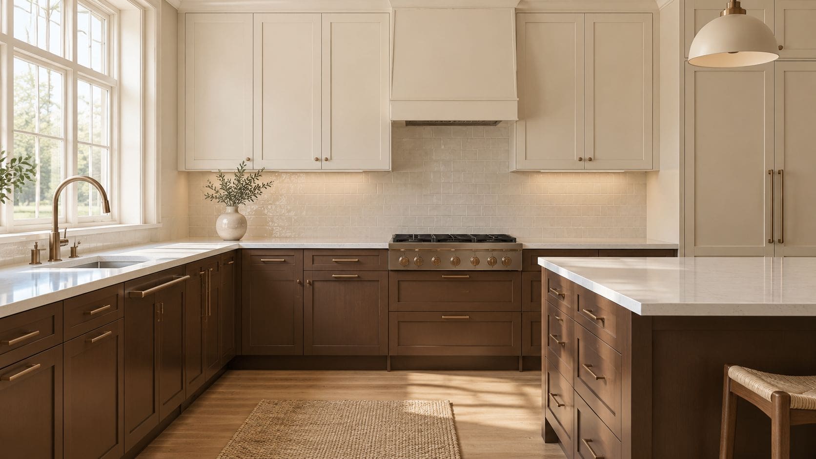 A modern kitchen with brown cabinets, cream upper cabinets, a white countertop, and a kitchen island.