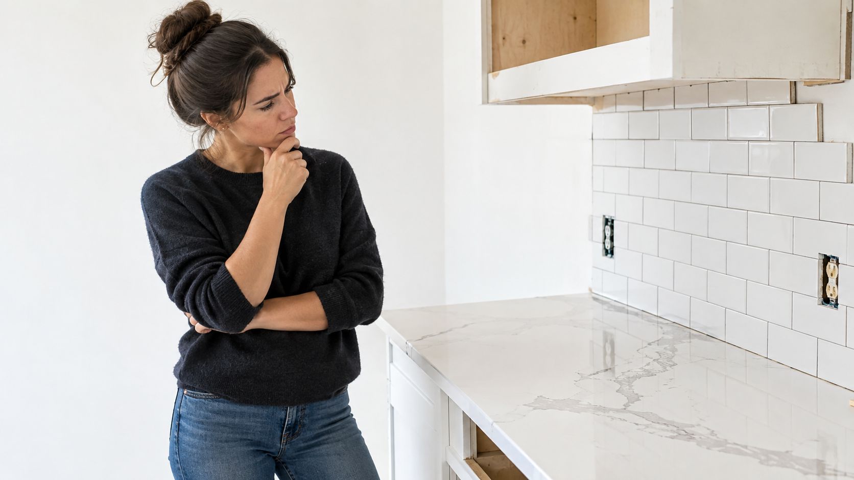 A woman looks thoughtfully at her newly installed white marble countertops and kitchen backsplash during a renovation.