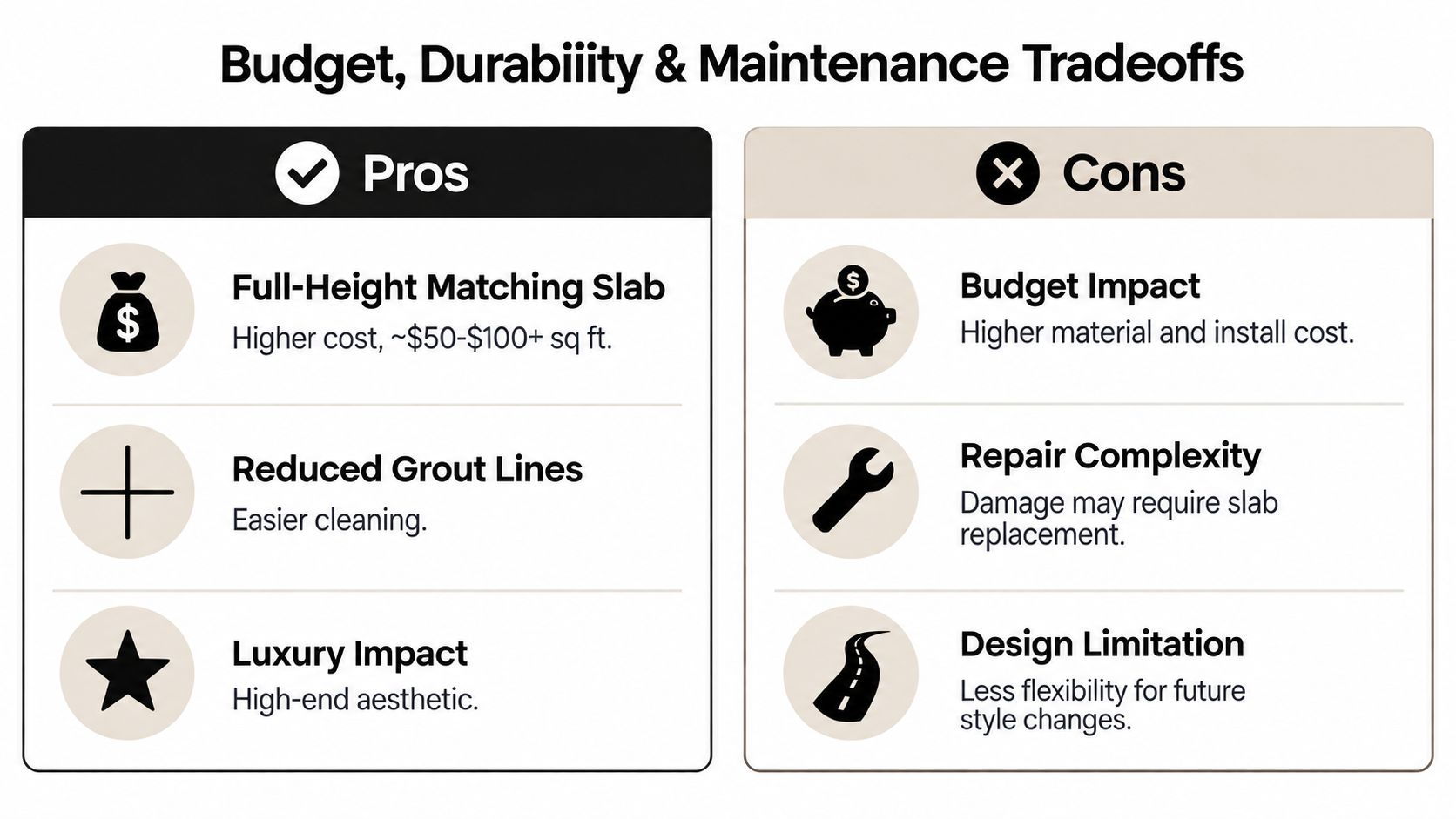 A comparison chart outlining the pros and cons of using a full-height matching slab for backsplashes.