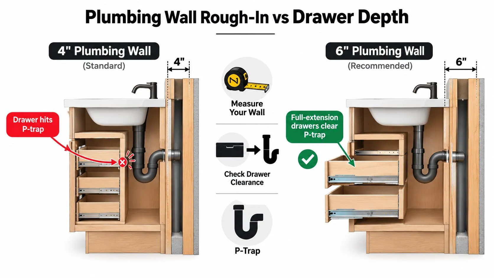 A diagram comparing plumbing wall thickness to ensure bathroom vanity drawer clearance for the P-trap plumbing.