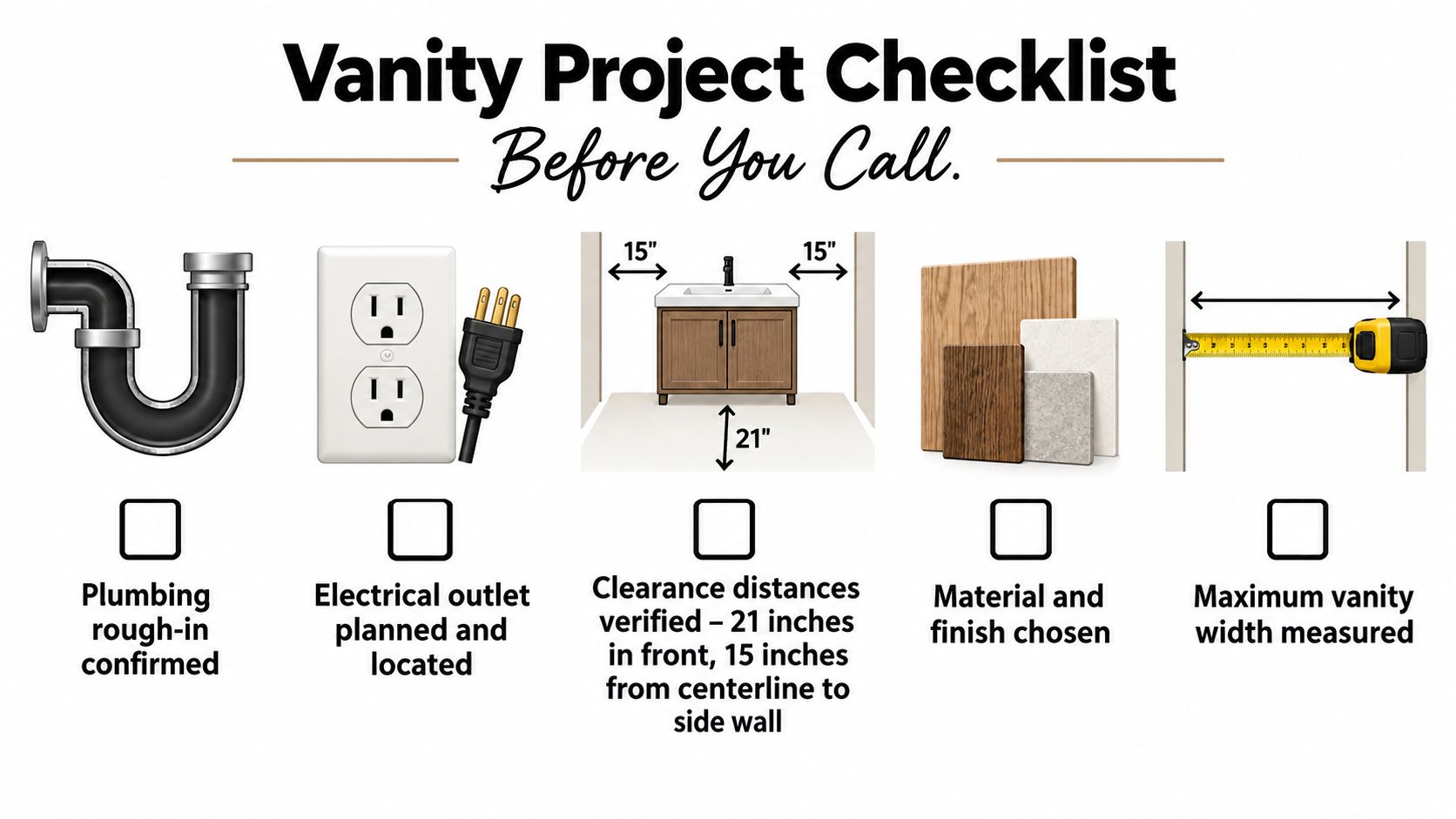 A checklist for a bathroom vanity project showing icons for plumbing, electrical, clearance, materials, and width measurements.