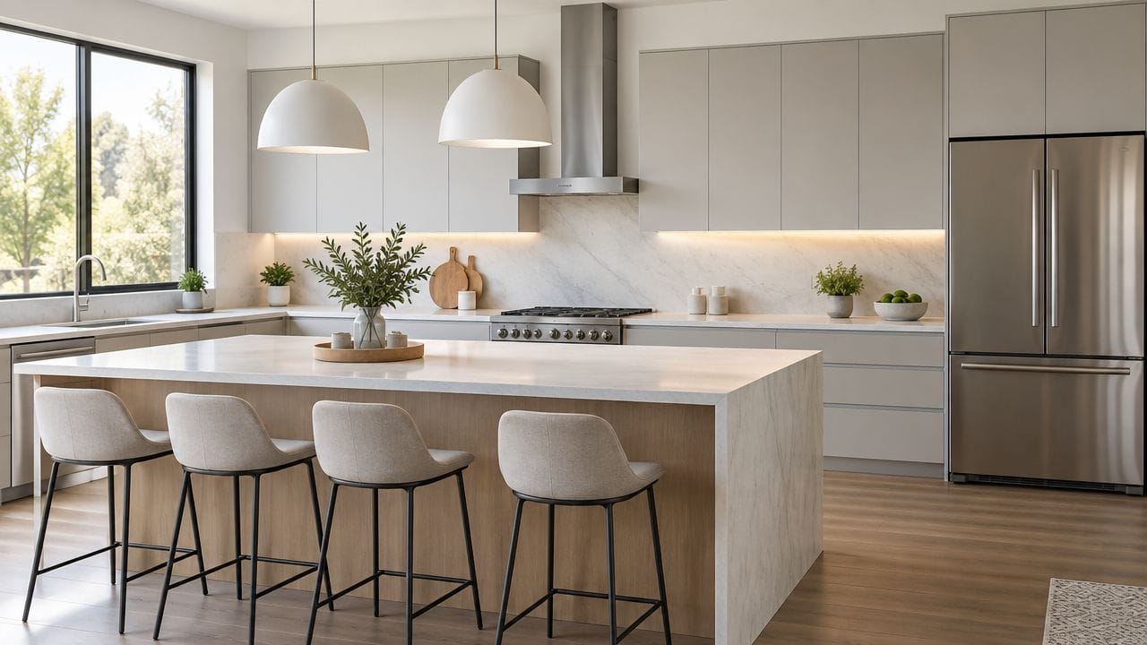 A bright, modern kitchen featuring flat panel cabinet doors, a large marble island, and stainless steel appliances.