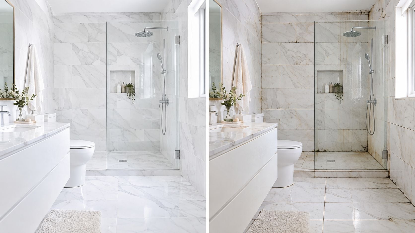A split image showing a clean marble bathroom versus the same bathroom with dirty stained tiles.