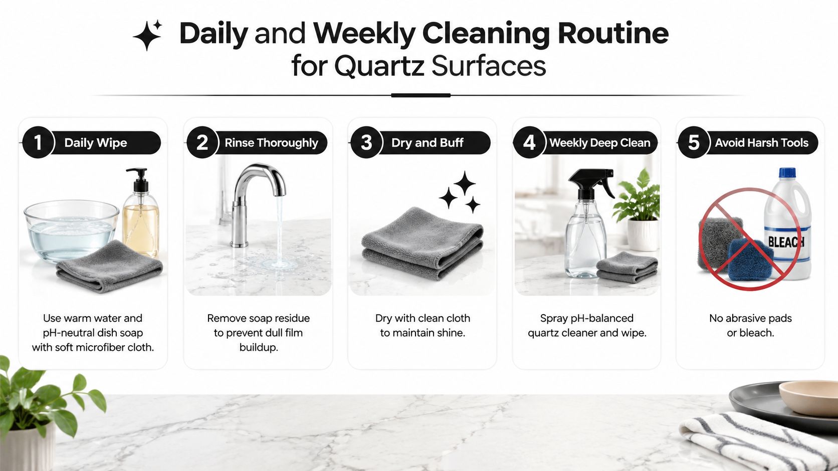 A five-step guide on how to maintain and clean quartz countertops using mild soap and cloths.