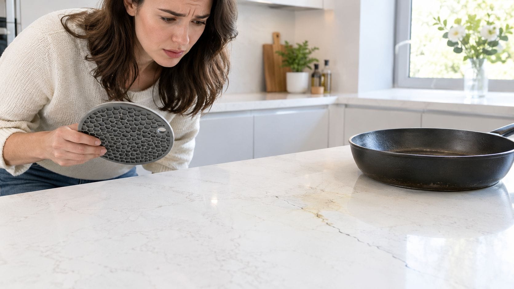 A woman looks concerned at a stain on her white quartz kitchen countertop near a frying pan.