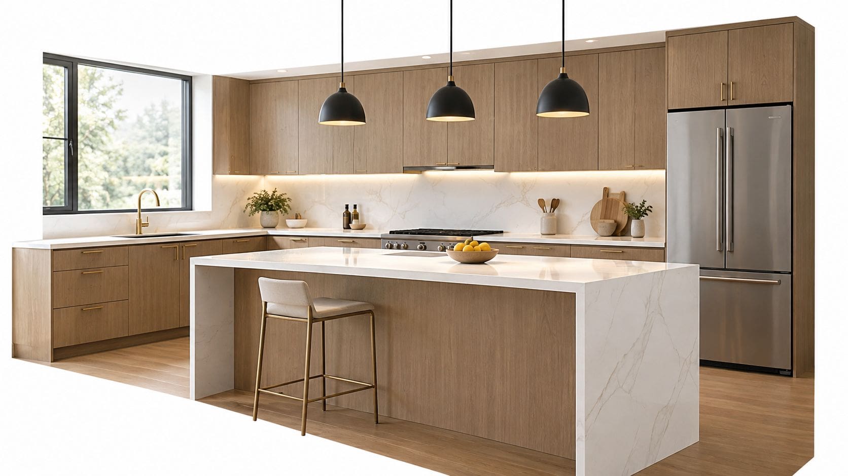 A modern kitchen featuring wood cabinets, white stone countertops, an island with seating, and stainless steel appliances.
