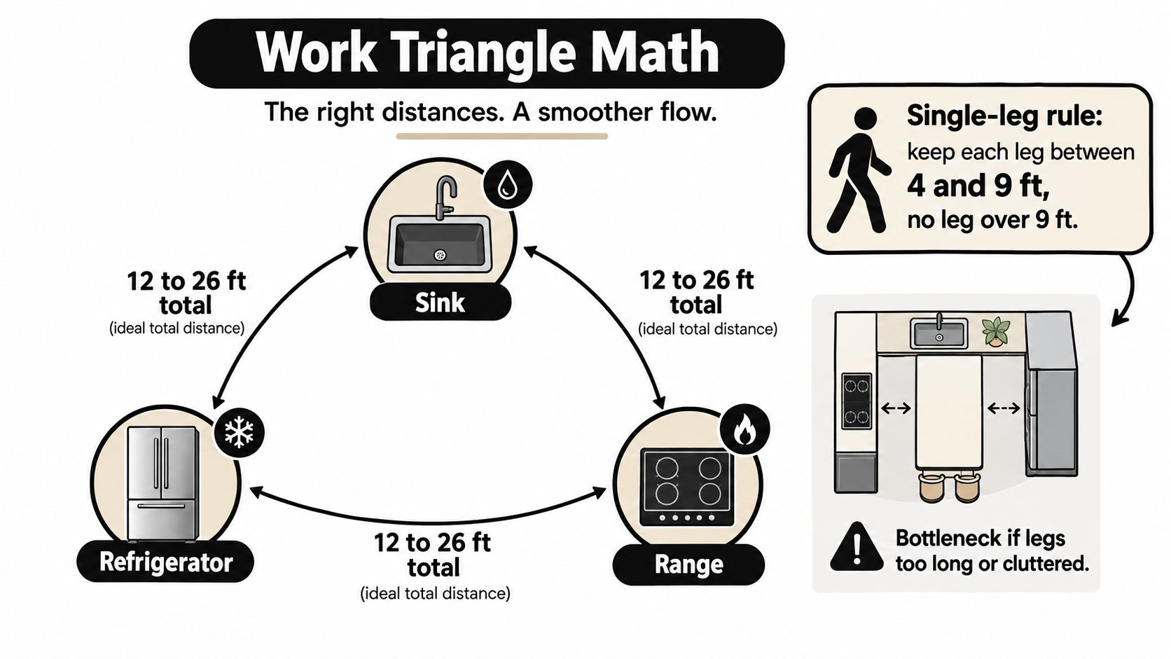 An infographic showing the kitchen work triangle rules for sink, refrigerator, and range placement distances.