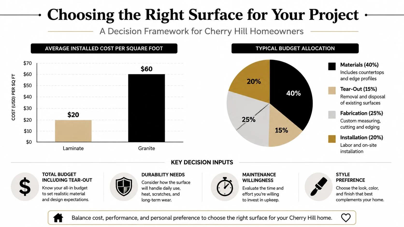 A decision framework infographic for homeowners comparing laminate and granite countertop costs and budget allocation.