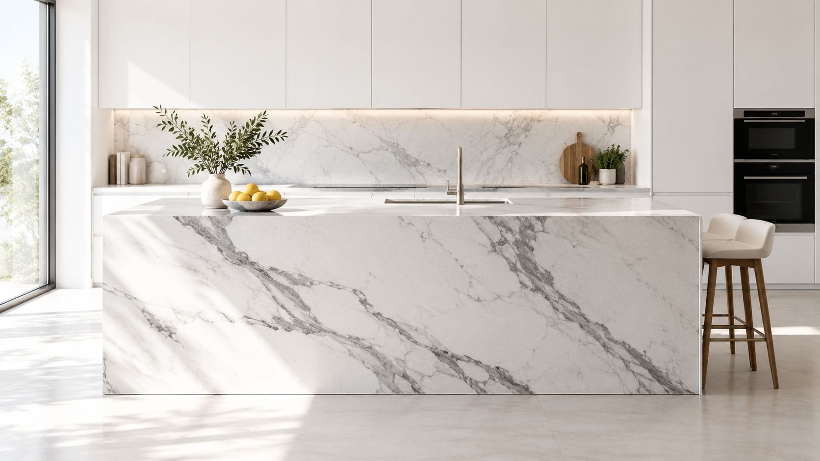 A modern luxury kitchen featuring a large white marble kitchen island with dramatic grey veins.