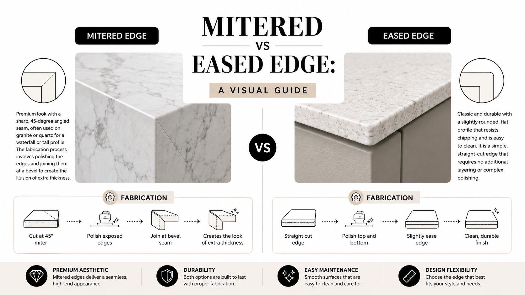 A visual guide comparing the aesthetic, fabrication, and maintenance of mitered edges versus eased edges for countertops.