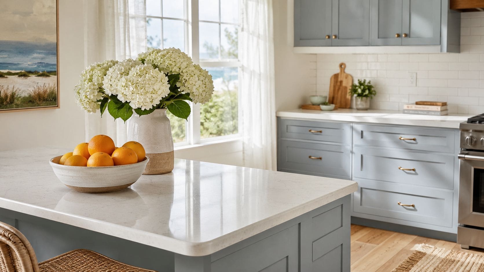 A bright kitchen interior featuring a large island with a clean, rounded eased edge countertop design.