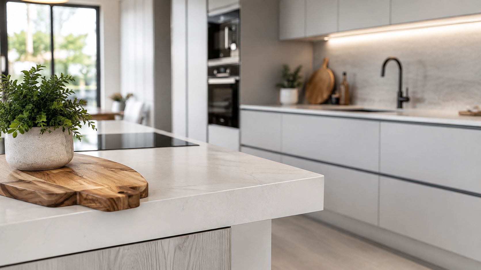 A modern kitchen island with a mitered edge countertop and a wooden cutting board with a plant.