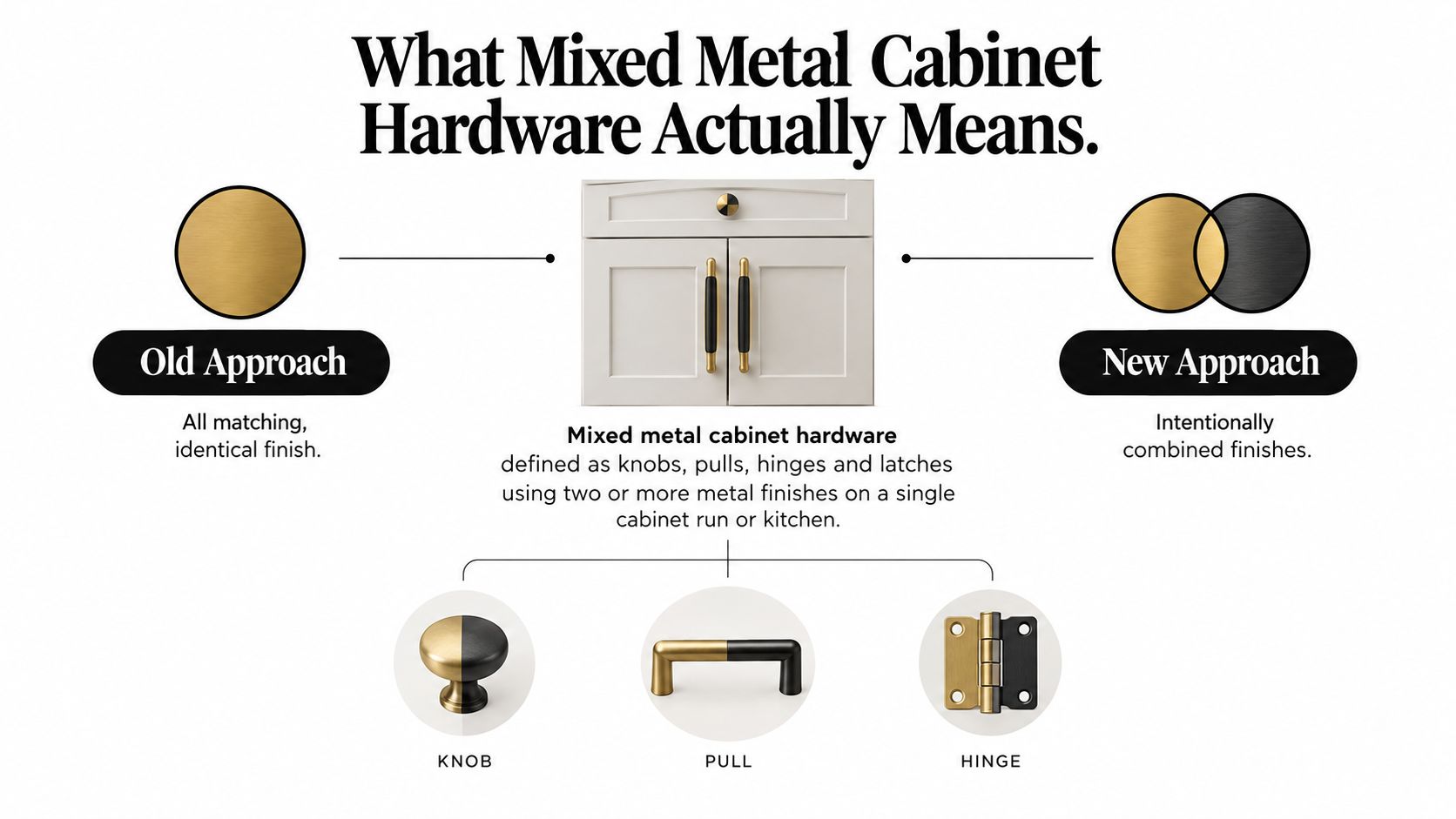 An infographic illustrating the concept of mixed metal cabinet hardware versus traditional matching hardware finishes.