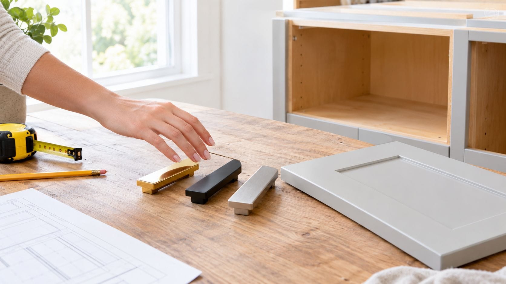 A person selecting cabinet hardware finishes on a wooden table with blueprints and a cabinet door.