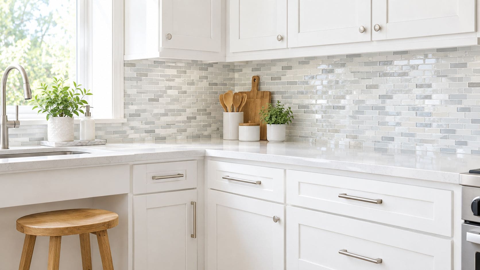 A clean, modern white kitchen featuring a glass mosaic tile backsplash, marble countertop, and wooden bar stool.