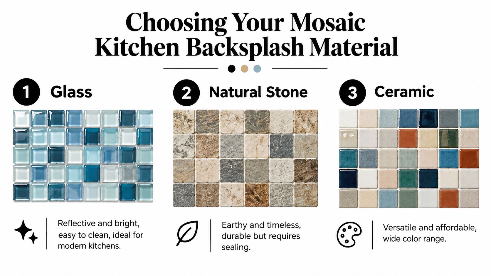 A guide showing three mosaic kitchen backsplash material options: glass, natural stone, and ceramic tiles.