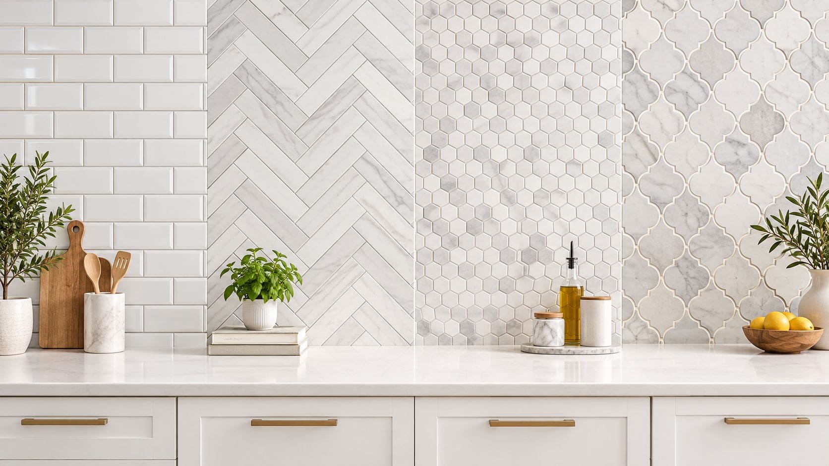 A modern kitchen countertop showcasing four different styles of white marble and ceramic tile backsplashes.