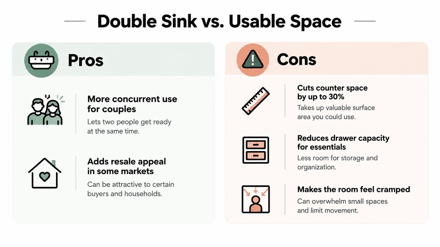 An infographic comparing the pros and cons of installing a double sink in a bathroom.