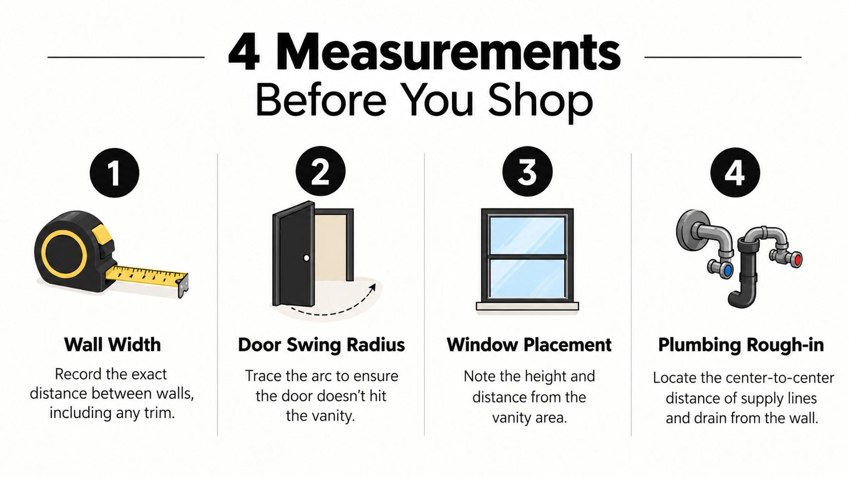An infographic showing four essential measurements to record for bathroom vanities, including walls, door swing, windows, and plumbing.