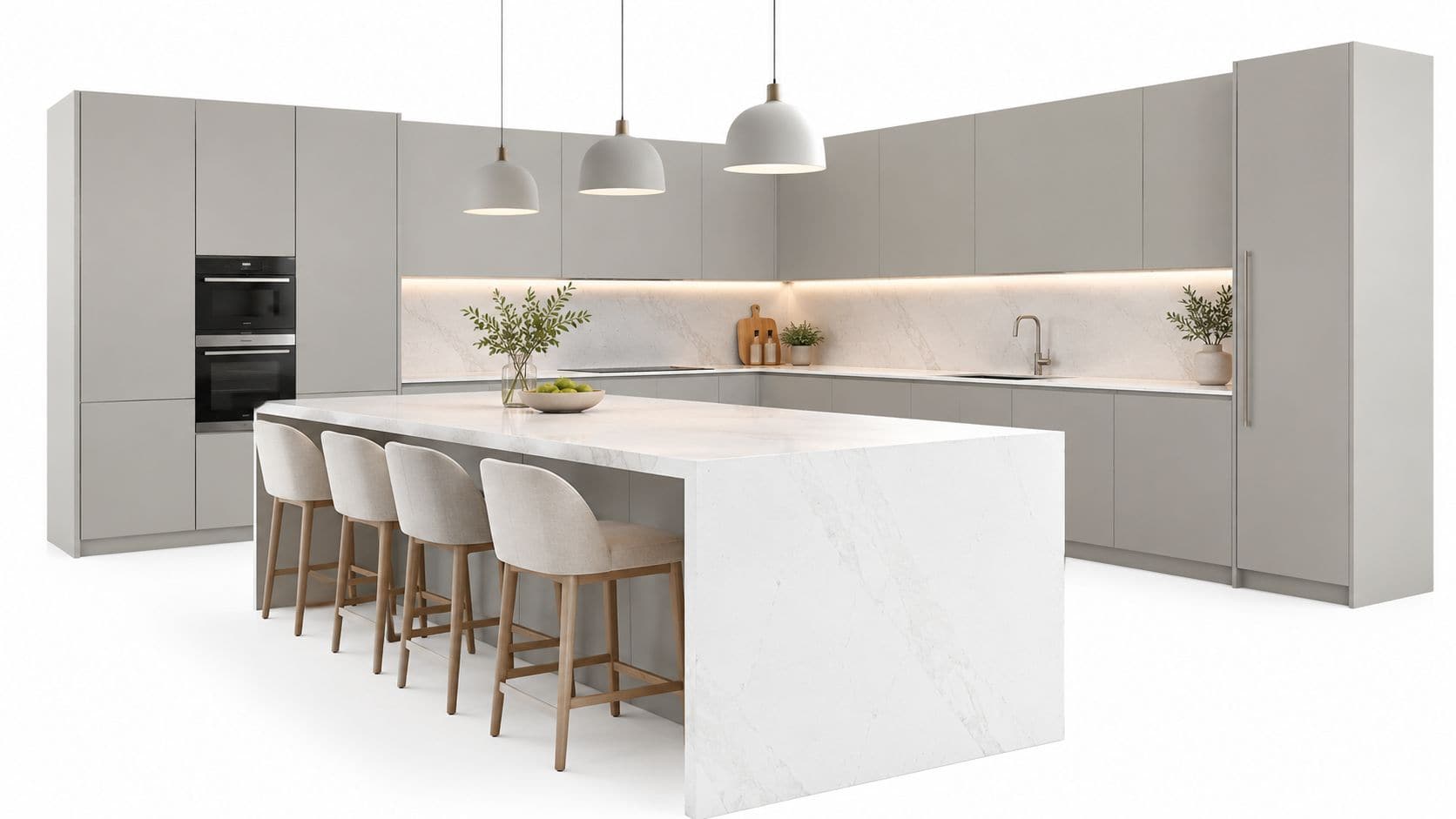 A sleek modern kitchen featuring soft grey cabinets, a marble waterfall island, and stylish pendant lighting.
