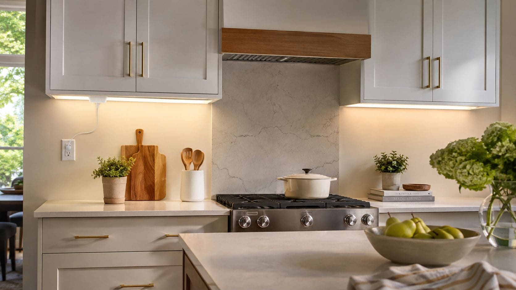 A modern, bright kitchen featuring elegant white cabinetry with warm under cabinet lighting and a marble backsplash.