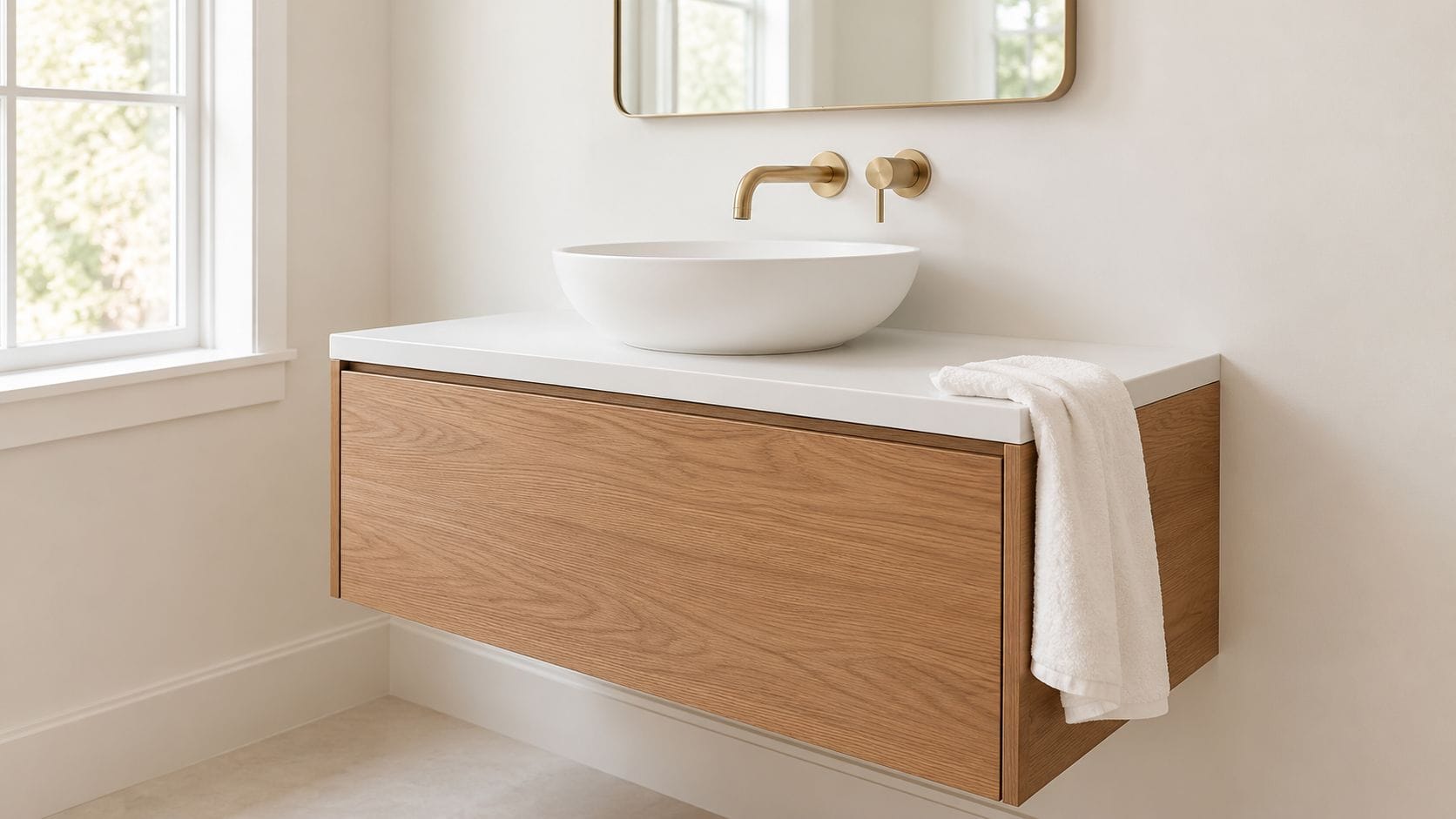 A minimalist floating wooden bathroom vanity with a white vessel sink and gold wall-mounted faucet.