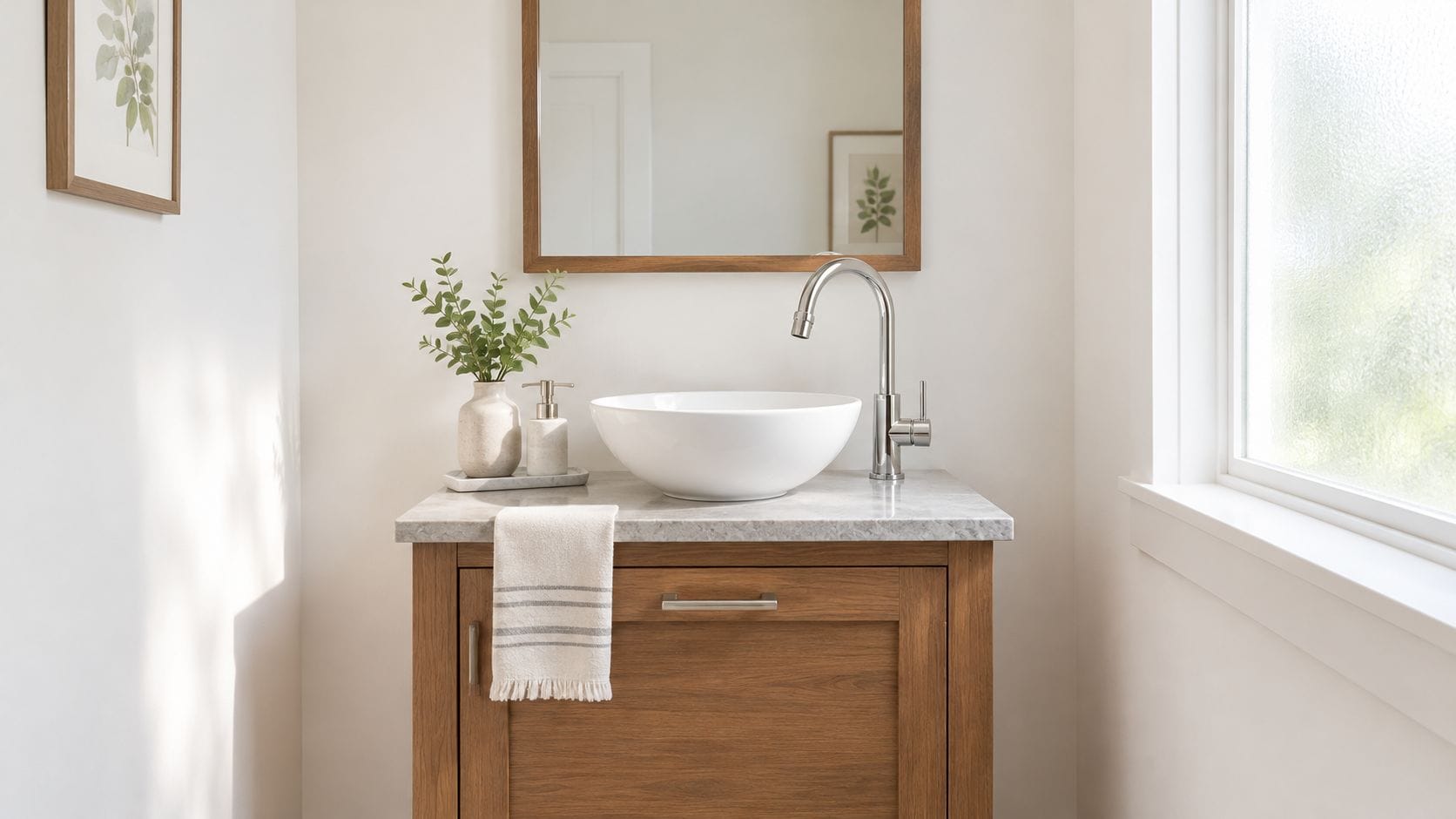 A minimalist wooden bathroom vanity featuring a white vessel sink, silver faucet, and a decorative plant.