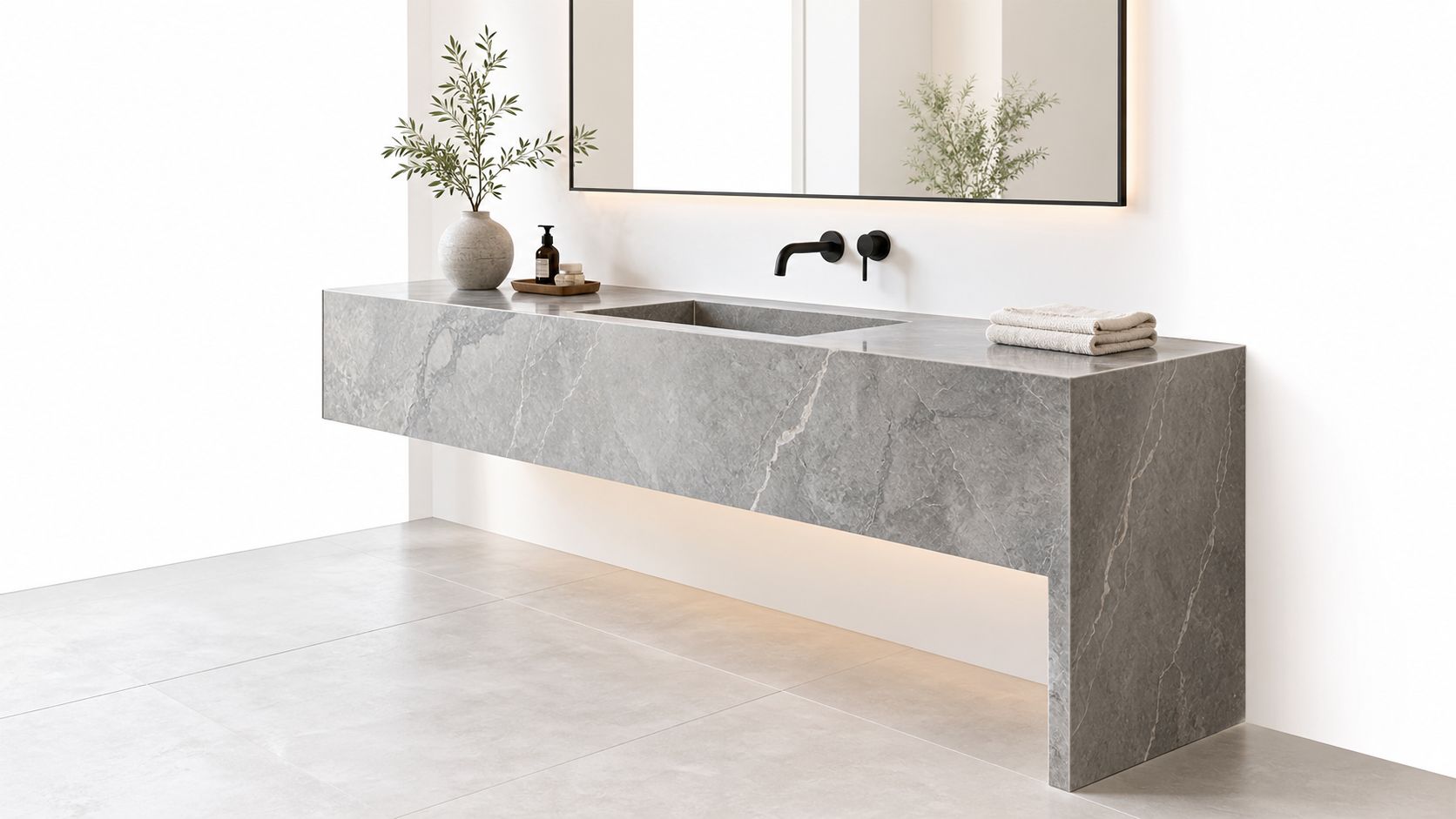 A modern floating bathroom vanity made of gray marble with a sleek matte black wall-mounted faucet.
