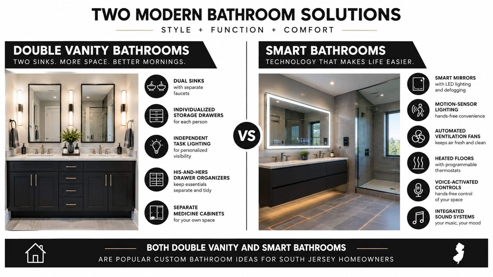 A comparison infographic featuring modern double vanity bathrooms versus high-tech smart bathrooms for home design inspiration.