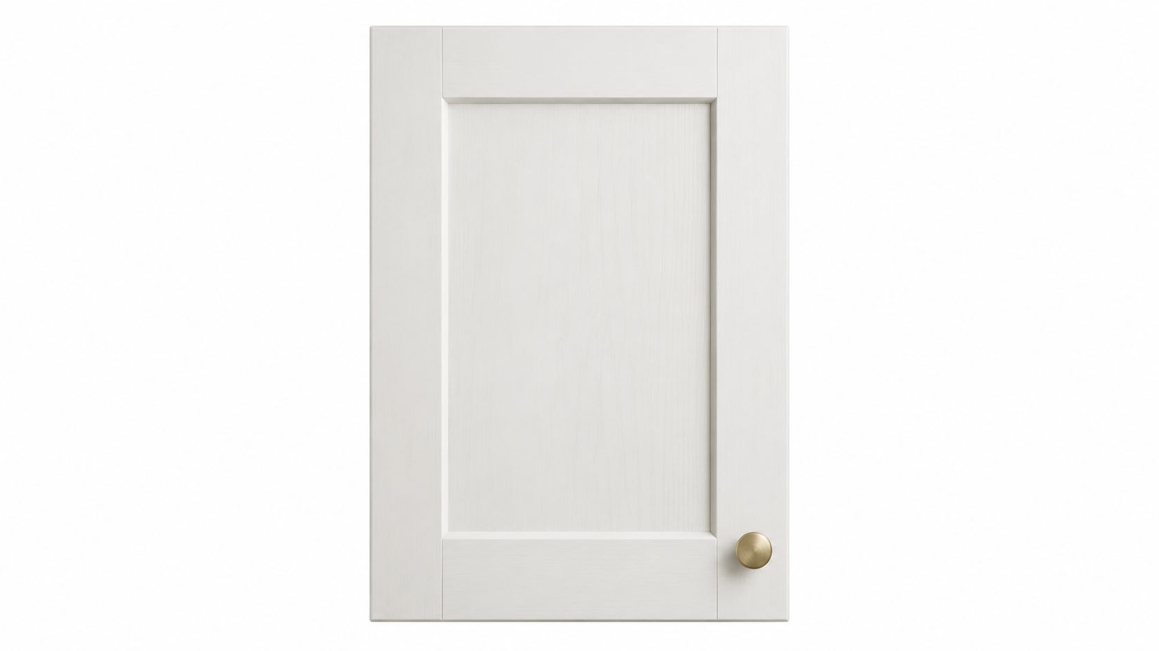 A minimalist white shaker-style cabinet door featuring a subtle wood grain texture and a small brass knob.