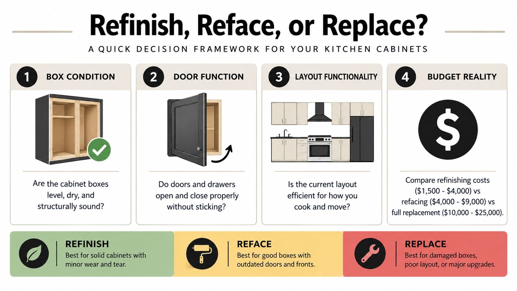 A decision framework infographic helping homeowners choose between refinishing, refacing, or replacing old kitchen cabinets.