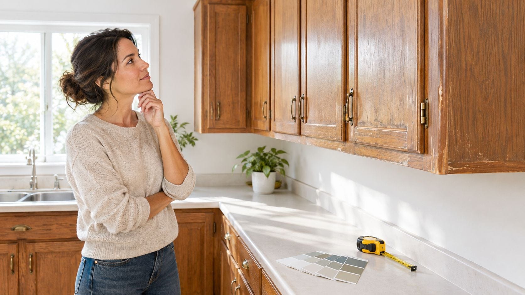 A woman contemplating a kitchen renovation while holding paint swatches next to old wooden cabinets.