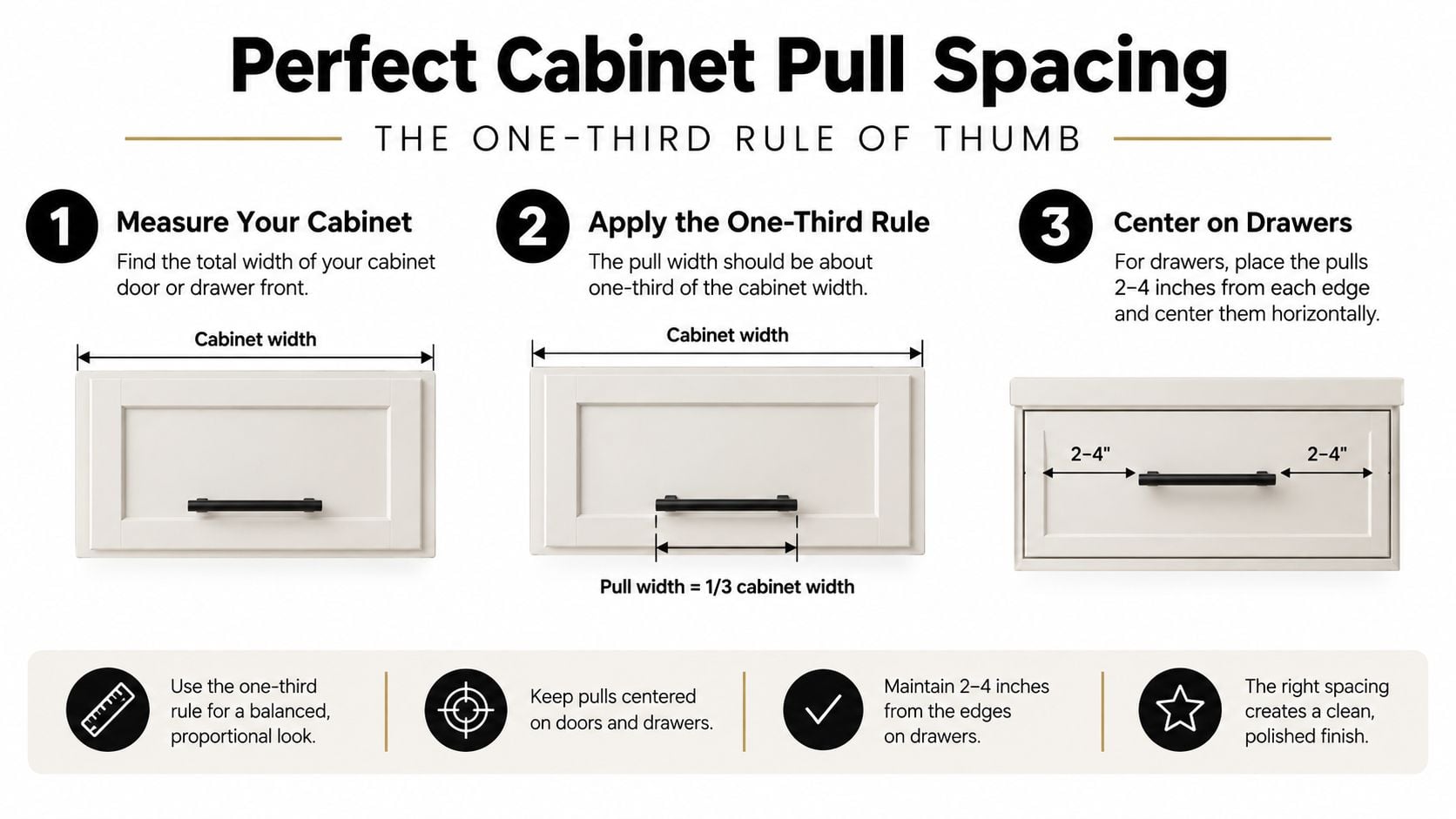 An infographic showing the one-third rule for choosing and positioning kitchen cabinet pulls and drawer handles.