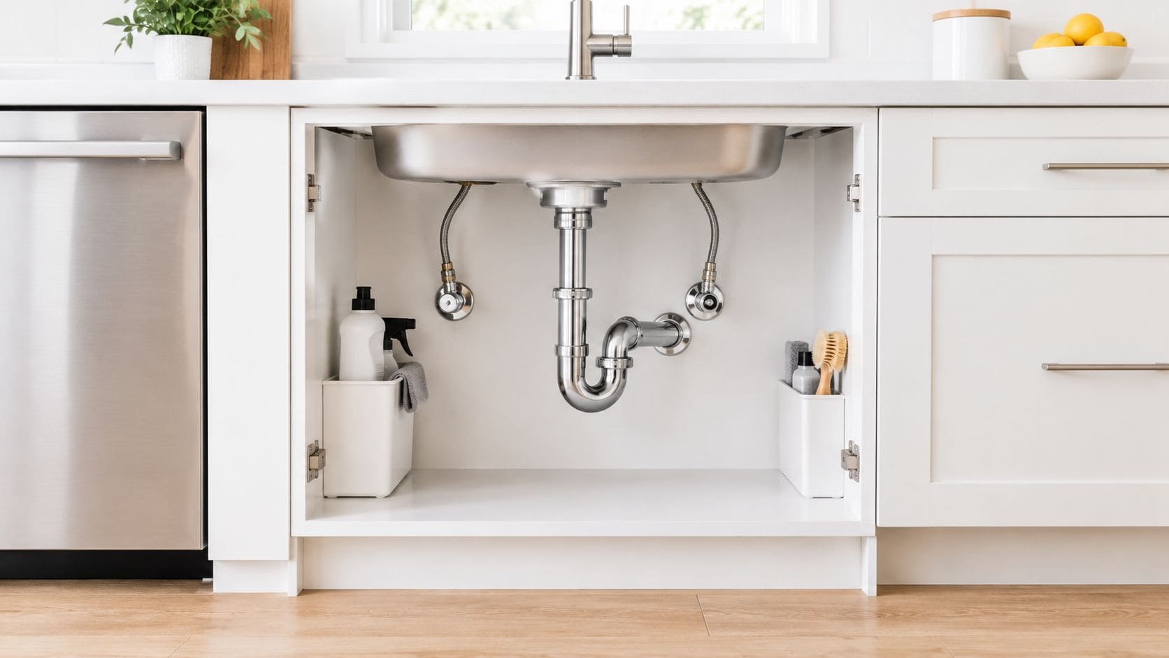 A clean and organized white kitchen cabinet with plumbing pipes and storage bins under the sink.