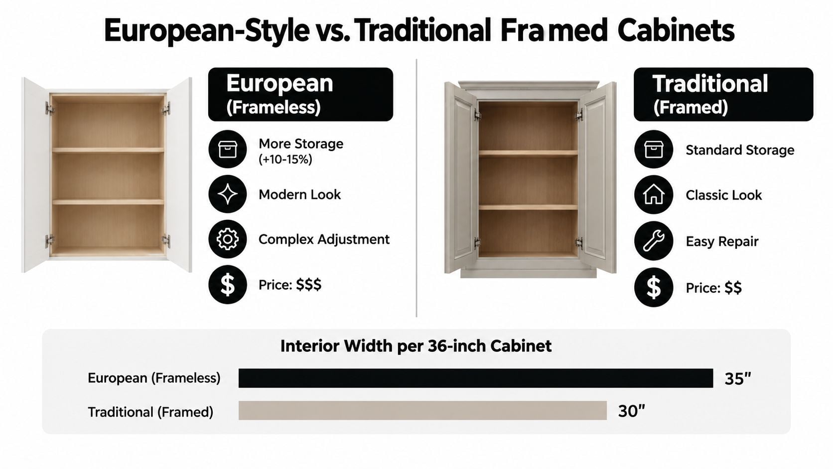 A comparison chart showing the differences between European-style frameless cabinets and traditional framed kitchen cabinetry features.
