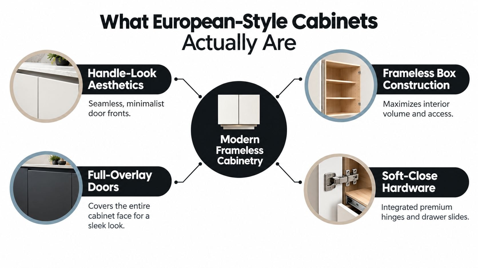 A diagram explaining the defining features of modern European-style frameless kitchen cabinets, including aesthetics and hardware details.
