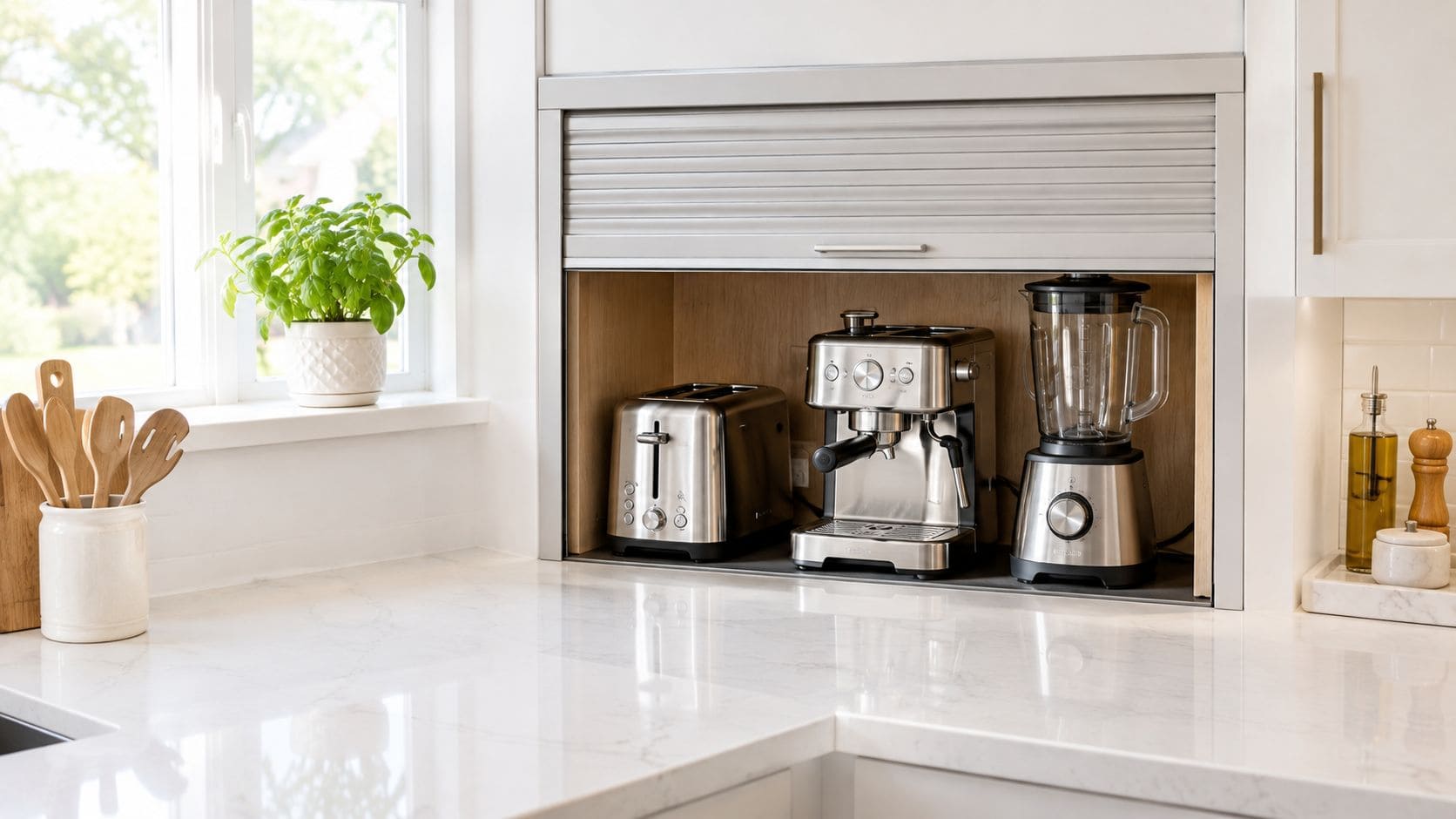A modern kitchen countertop featuring an appliance garage cabinet holding a toaster, espresso machine, and blender.