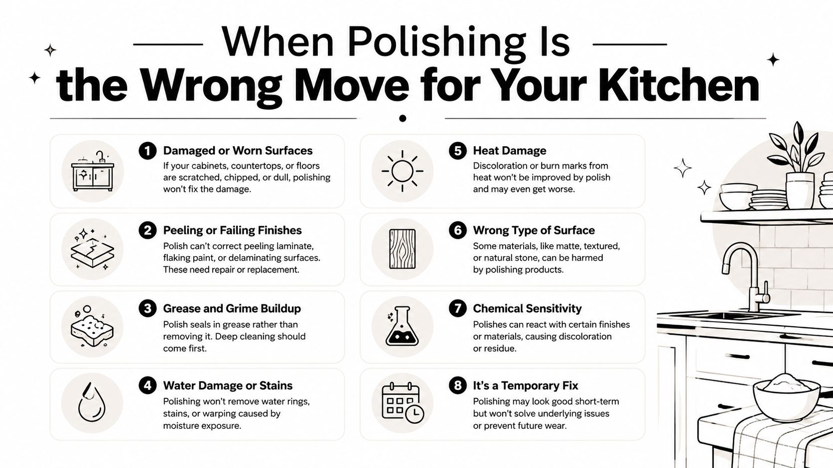 An infographic detailing eight scenarios where polishing kitchen surfaces like cabinets or countertops is not recommended.
